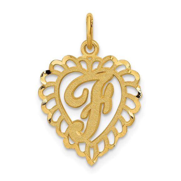14k Yellow Gold, Grace Collection, Satin Heart Initial F Pendant, 15mm - Picture 1 of 6